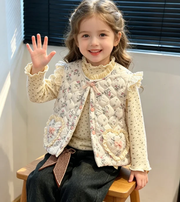 Girl Waistcoat 2026 Autumn and Winter New Children's Clothing Korean Style Girl Baby Foreign Leisure Floral Cotton Waistcoat