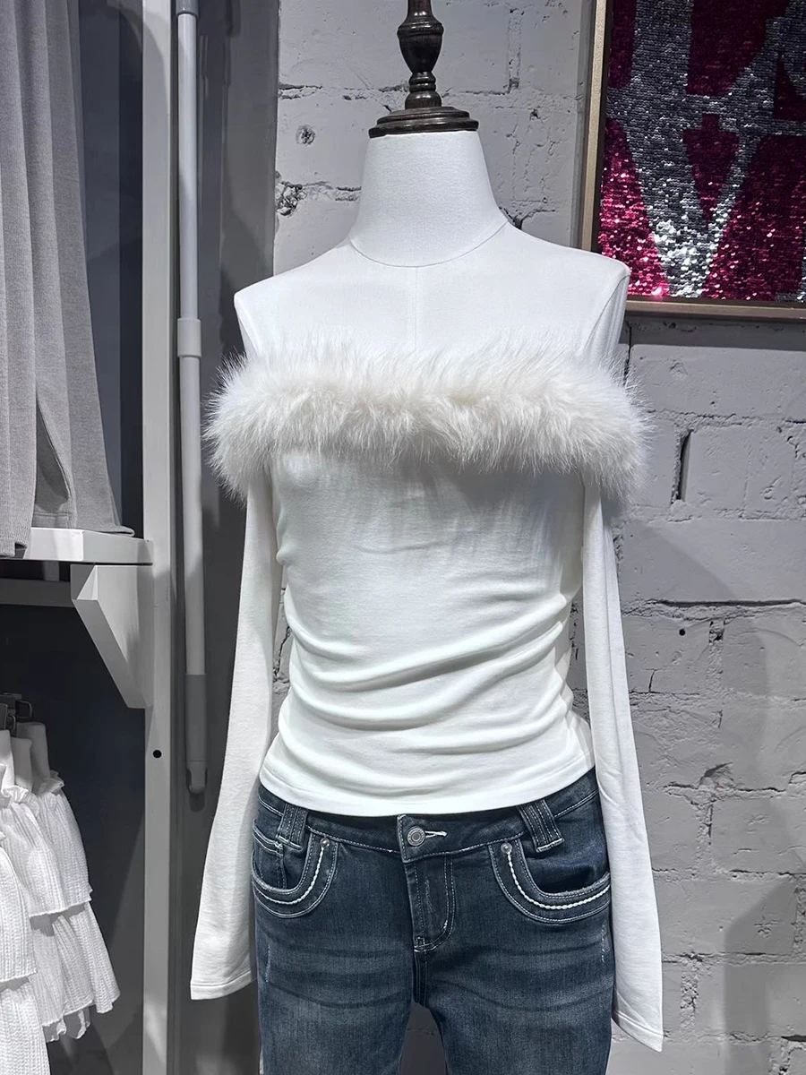 

Fur Trim Slash Neck Long Sleeve T-shirts Woman Spring Sexy Off Shoulder Slim Tee Top Casual Fashion Solid All-match Tshirts New