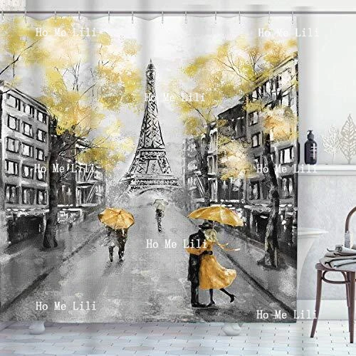 4 Pcs Shower Curtain Set Oil Painting Paris European City Landscape Yellow Moder