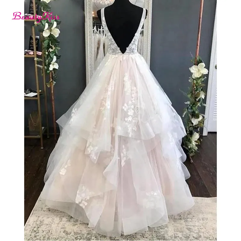 Lace Appliques Beaded Tulle Wedding Dresses V-Neck Sleeveless Floor-Length Ruffled Bridal Dress Long Wedding Gowns Custom Made