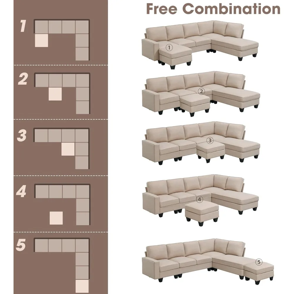 Divano componibile trasformabile moderno, divano componibile a forma di U per soggiorno, set di divani da soggiorno a forma di L a 7 posti con pouf