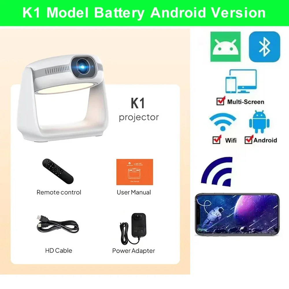 Salange K1 Best Sell Android 11 Battery LED Mini Beamer 720P 380 ANSI Lumens 1GB 8GB Freedom Style Portable Projector 4K