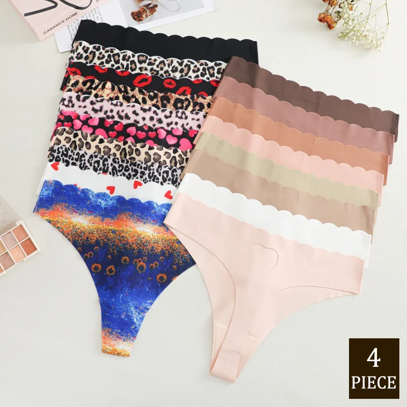 4 pièces/ensemble tongs sans couture pour femmes été coeur creux culotte douce femme mode sous-vêtements intimes couvrant les hanches respirant Sexy
