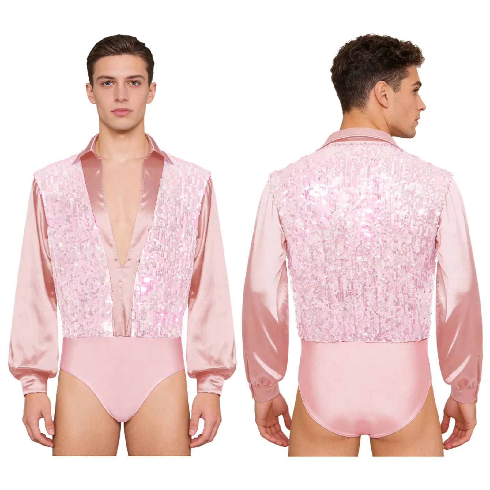 

Mens Latin Ballet Dance Bodysuit Glittery Sequined Bodice with V Neck And Satiny Long Sleeves Buttoned Crotch Leotard Dancewear