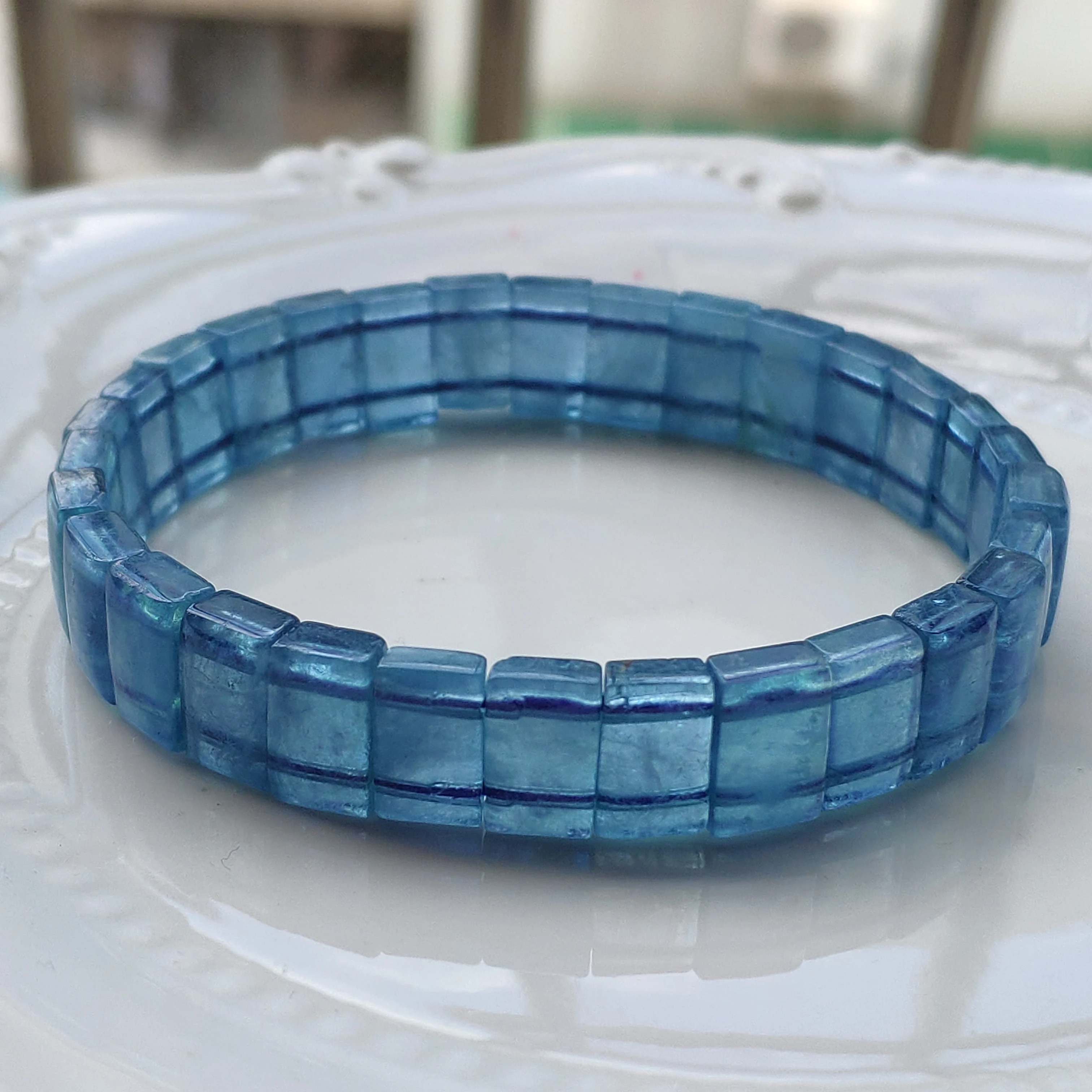 

Natural Blue Aquamarine Bracelet Clear Rectangle Beads Bracelet 10x6mm Women Men Brazil Stretch Blue Aquamarine Jewelry AAAAAA