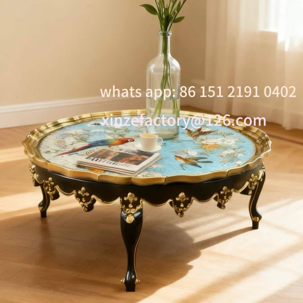 Customizable hand-painted classic flower and bird French coffee table solid wood carving flower living room retro round table