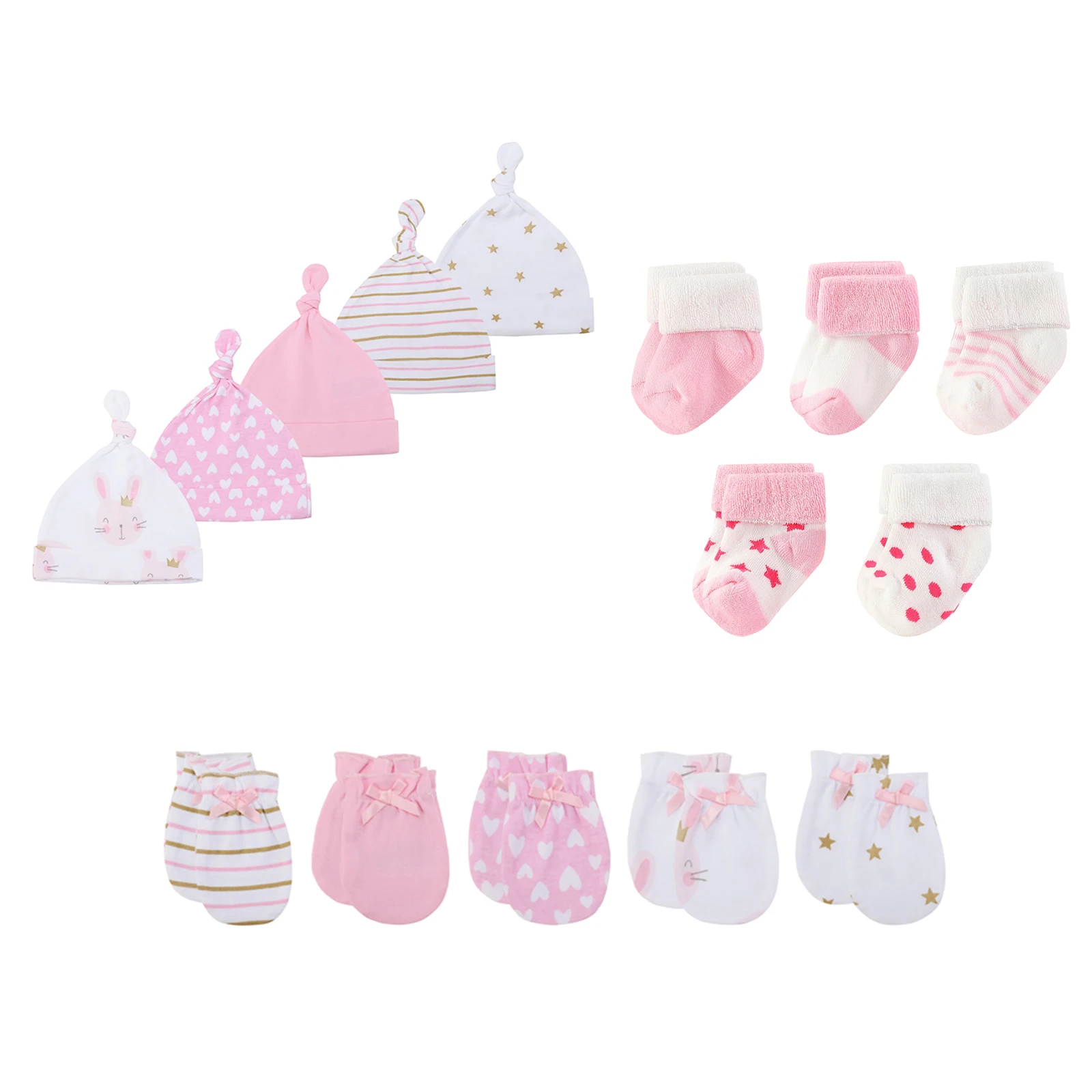 15Pieces Newborn Baby Boy Girl Headwear 100%Cotton Gloves+Hats+Socks Sets Infant Supplies Accessories Cartoon 0-12M Solid Color