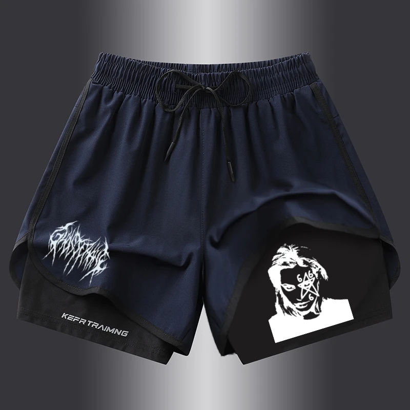 Men's GYM 2 In 1 Sports Shorts Breathable Comfortable Workout Running Shorts with Retro Graphic Print and Unique Face Design