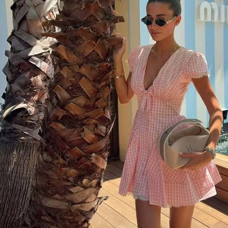 

YENKYE Милое розовое клетчатое платье с бантом и v-образным вырезом, женское кружевное платье трапециевидной формы с коротким рукавом и низкой талией, мини-летние платья, праздничный халат