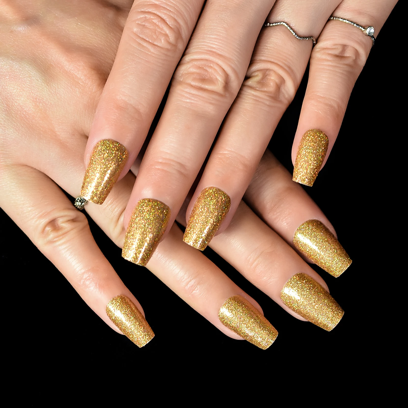 24szt Golden Glitter Press On False Nails Średniej długości trumny wielokrotnego użytku Akrylowe tipsy do paznokci Fałszywe paznokcie Faux Ongles