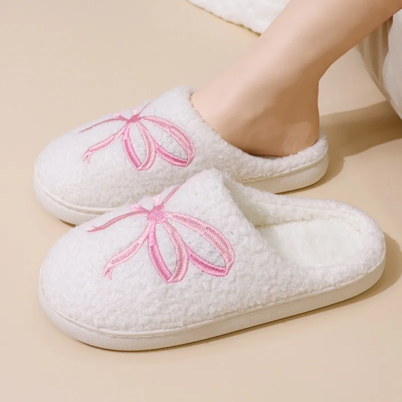 

Pink Bowknot Embroidered Plush Slippers for Women Comfortable Warm Fluffy Winter Slippers Woman White Non Slip Indoor Home Shoes