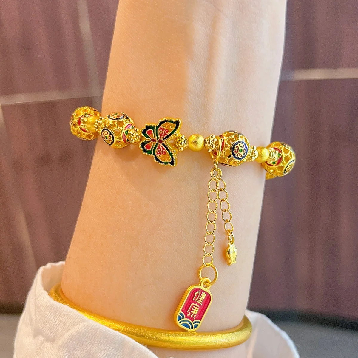 Ancient Fa Sha Gold Enamel Hollow Bracelet Safe and Healthy Butterfly Transport Bead Original handmade bracelet jewelry