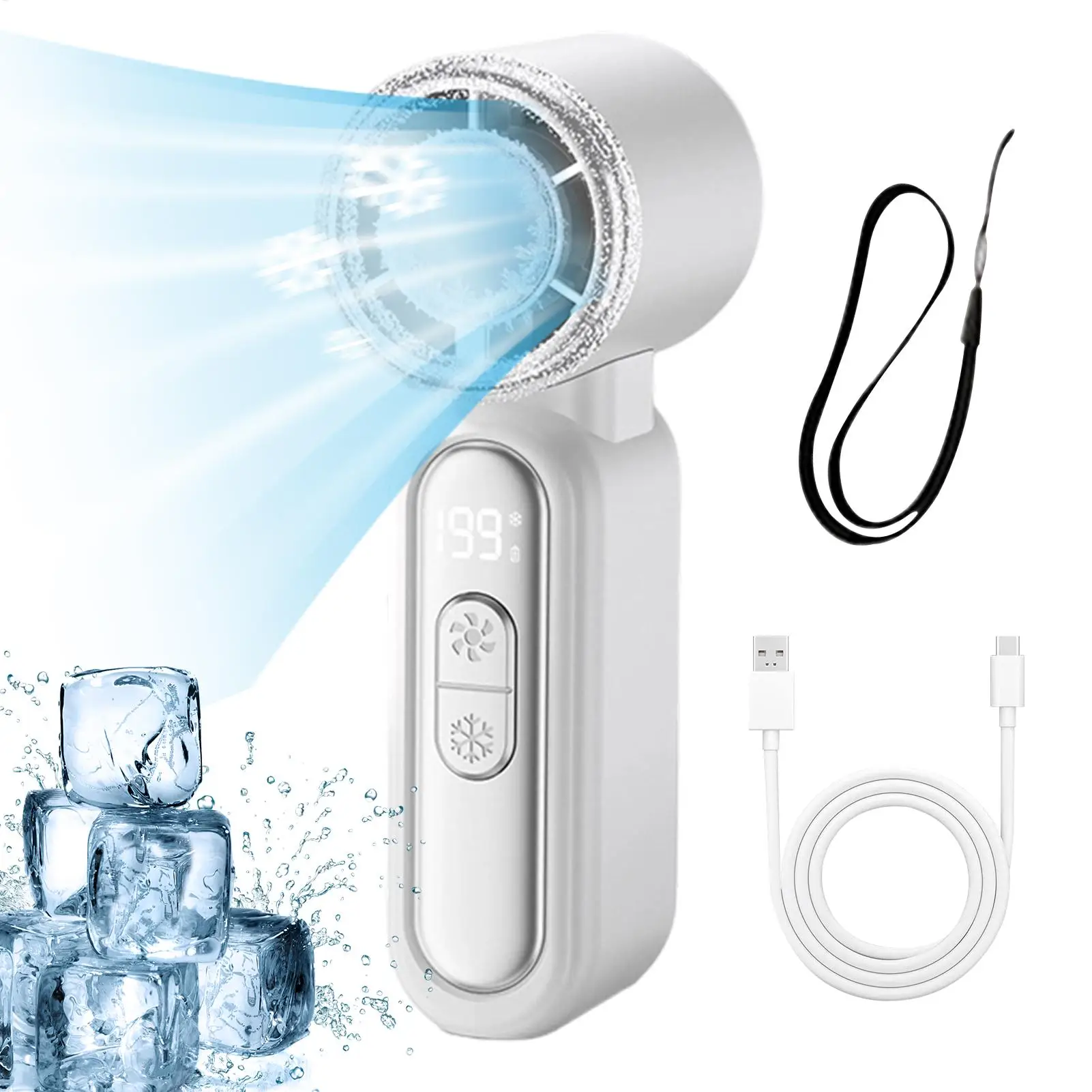 Mini Fan Electric LED Display Strong Wind with Lanyard Electric Fan Handheld Air Blower for Travel Picnic School Commuting Beach