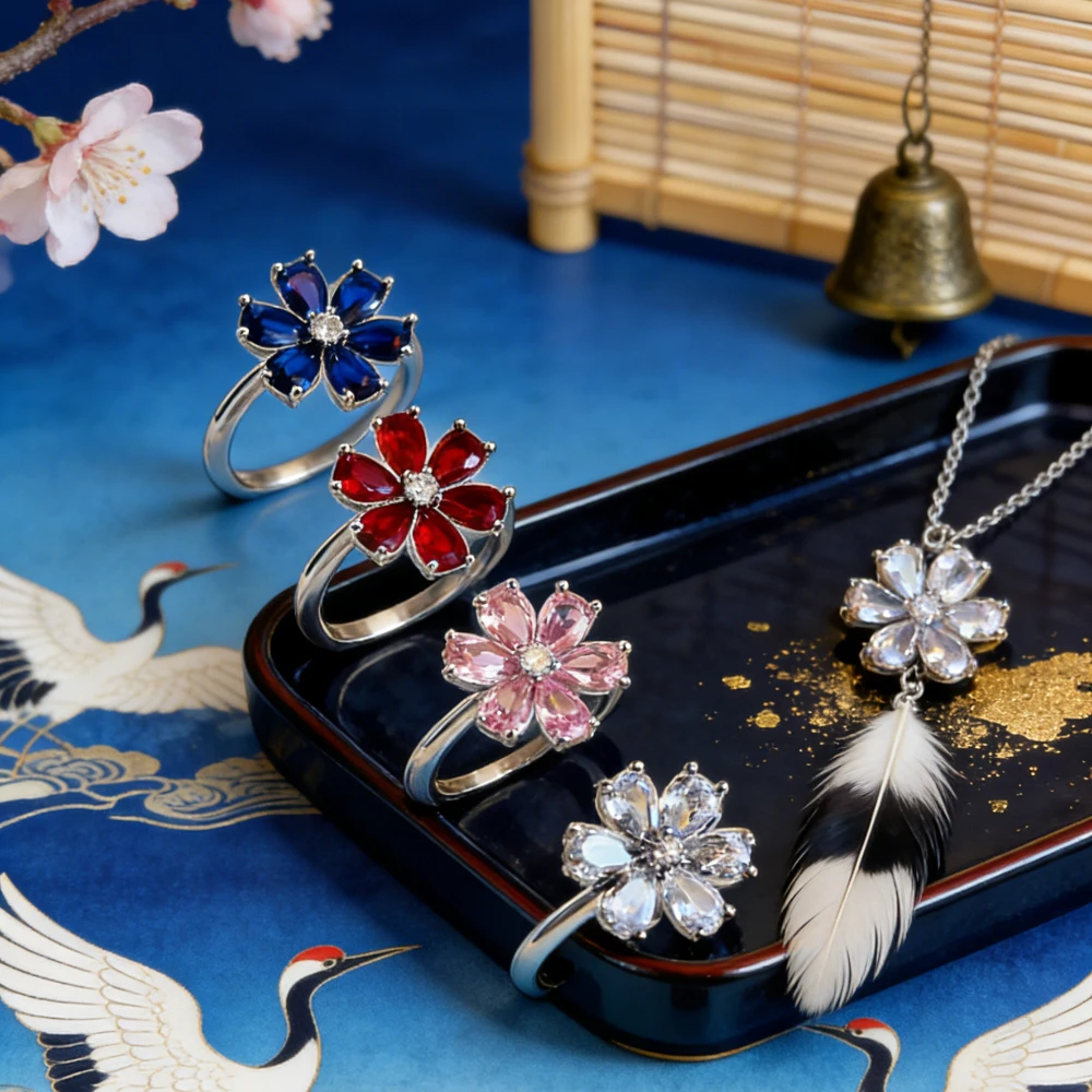 

Trendy 2026 Ruby Flower Ring for Women, Unique and Niche Design Ring, Light Luxury and High-end Style, Popular Index Finger Ring