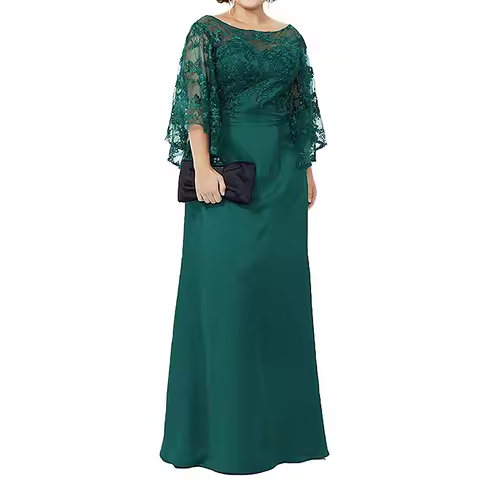 New Lace Chiffon Mother Of The Bride Dress Half Sleeves Plus SizeFloor Length Royal Blue Green Elegant Evening Prom Dress A-Line