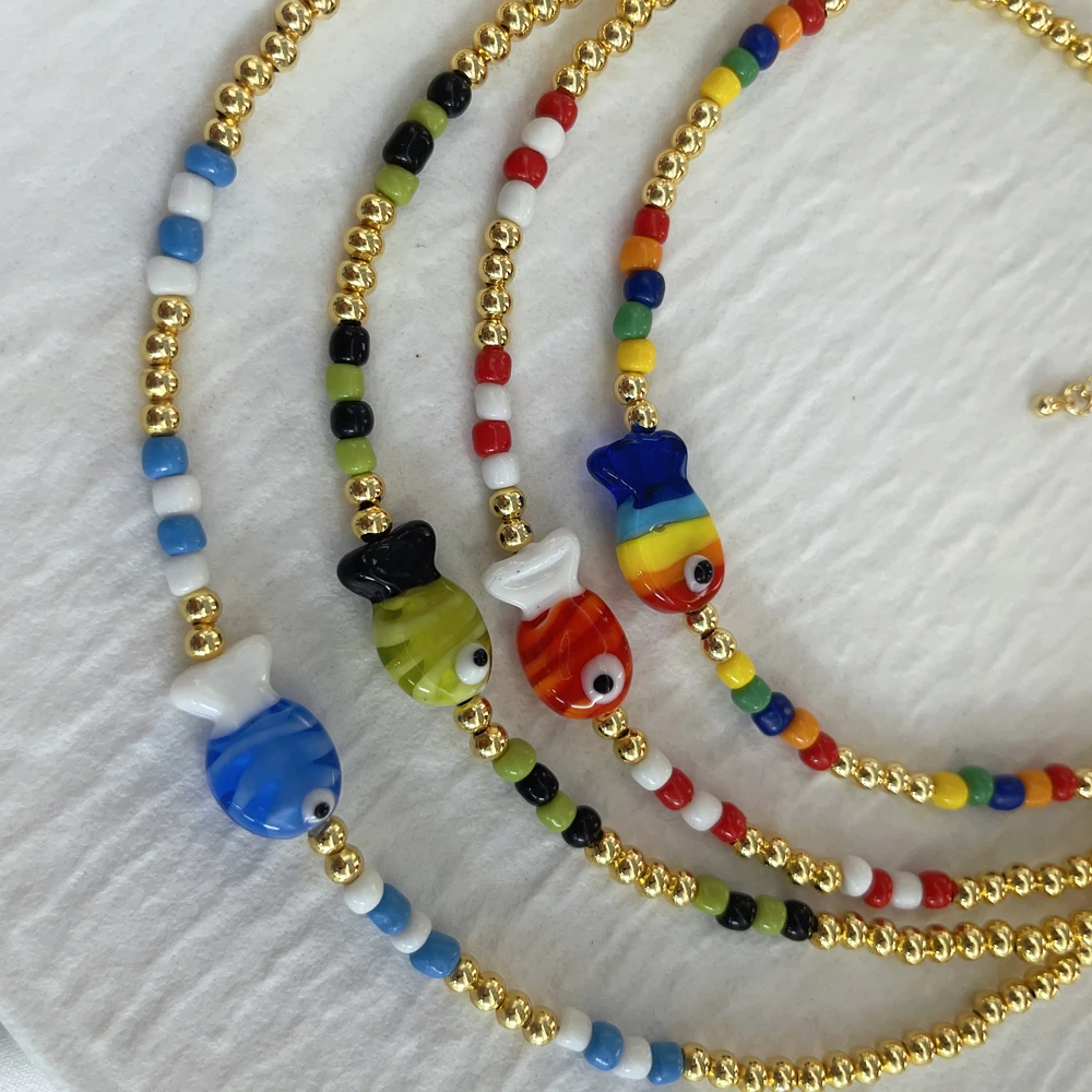 5 pcs/lot Ocean Blue Rainbow Fish Beaded Necklace Handmade Summer Beach Jewelry for Women