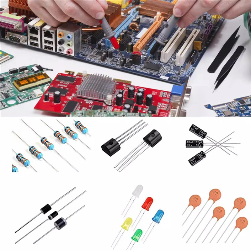 Paquete de resistencias de 1390 piezas, paquete de condensadores electrolíticos, diodo emisor de luz LED, Transistor, paquete de condensadores de cerámica