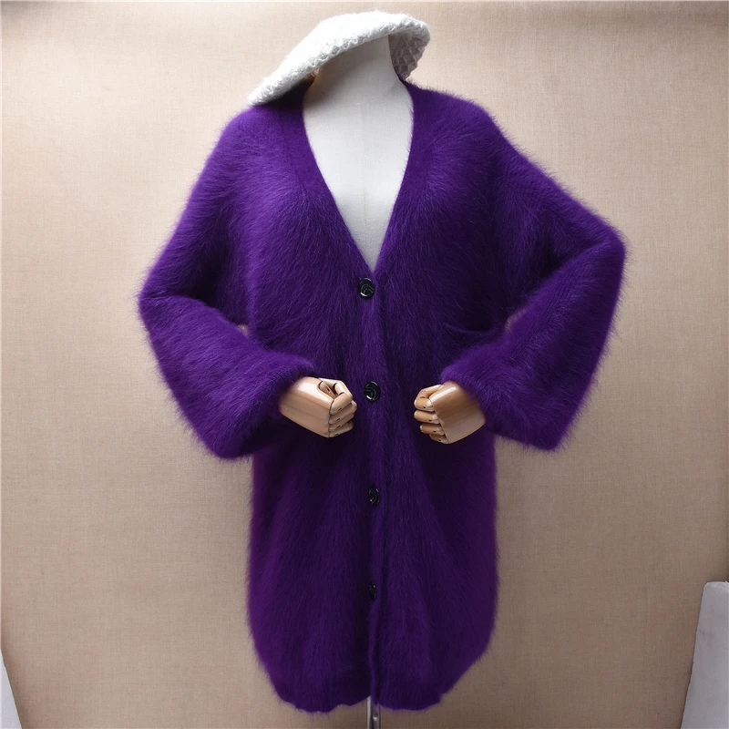 

Women Mujer Autumn Winter Purple Hairy Mink Cashmere Knitted V-Neck Long Lantern Sleeves Loose Long Sweater Cardigans Jacket Top