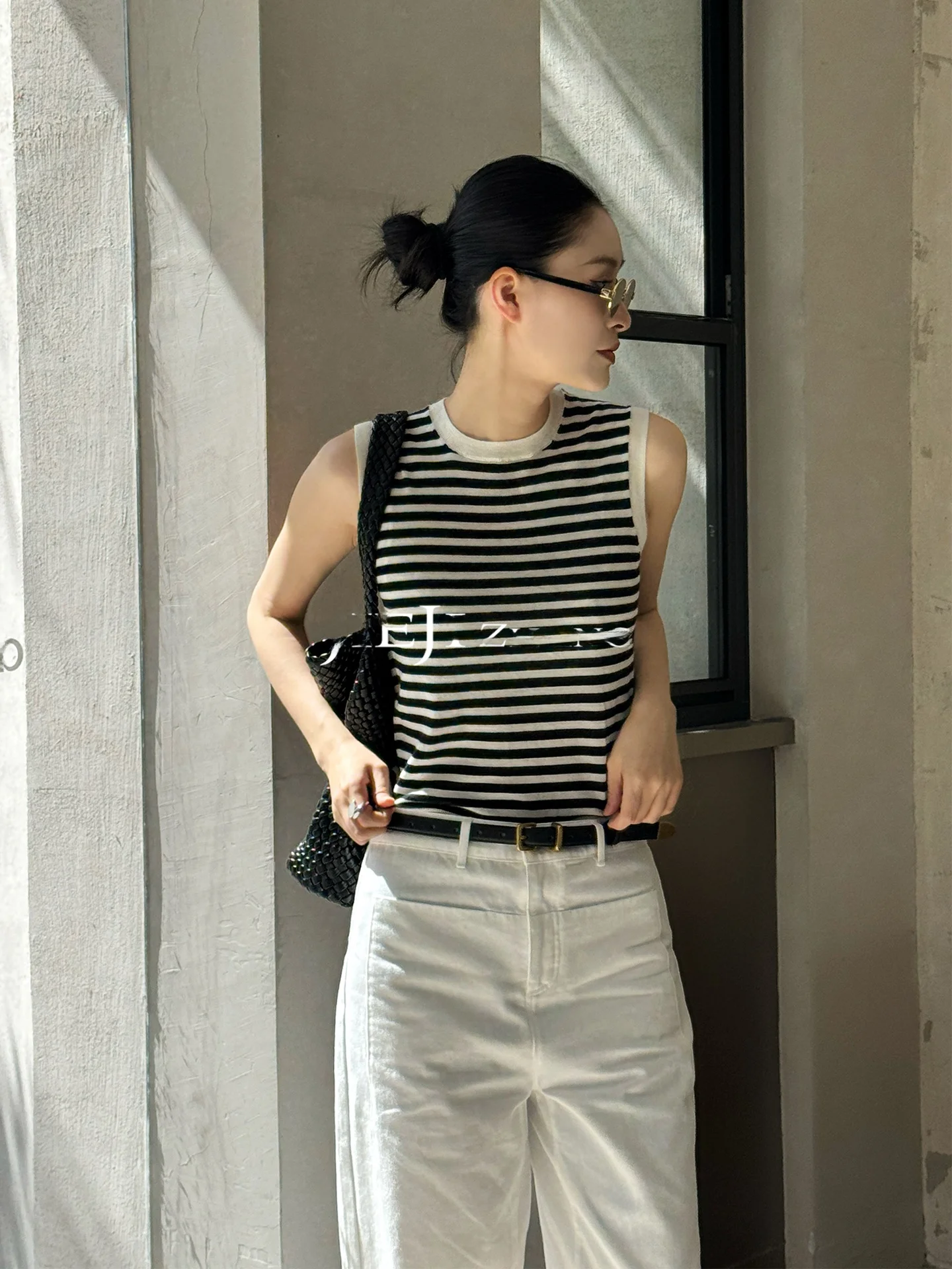 

Ultra-Fine Cotton Wool Comfortable Casual Loose Women's Svel Vest round Ne Stripe JIEJI Zhang Qi H-ape Bal