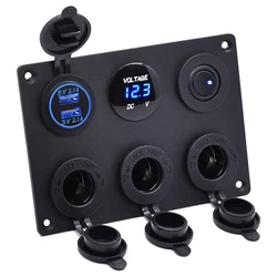 12V Multi-Functions Power Panel Cigarette Lighter Dual USB Charger Digital Voltmeter Socket Plug with Toggle Switch for RV Yacht