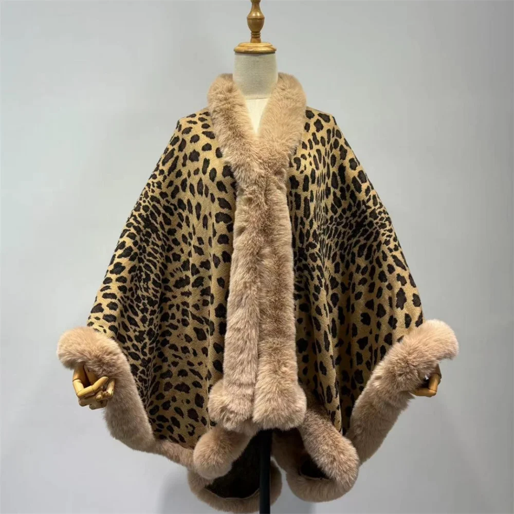 Ciepłe Oversize Leopard Printed Long Poncho Capes Women Wear Loose Overcoat Bat Type Winter Faux Fur Knitted Outstreet Shawl Cloak