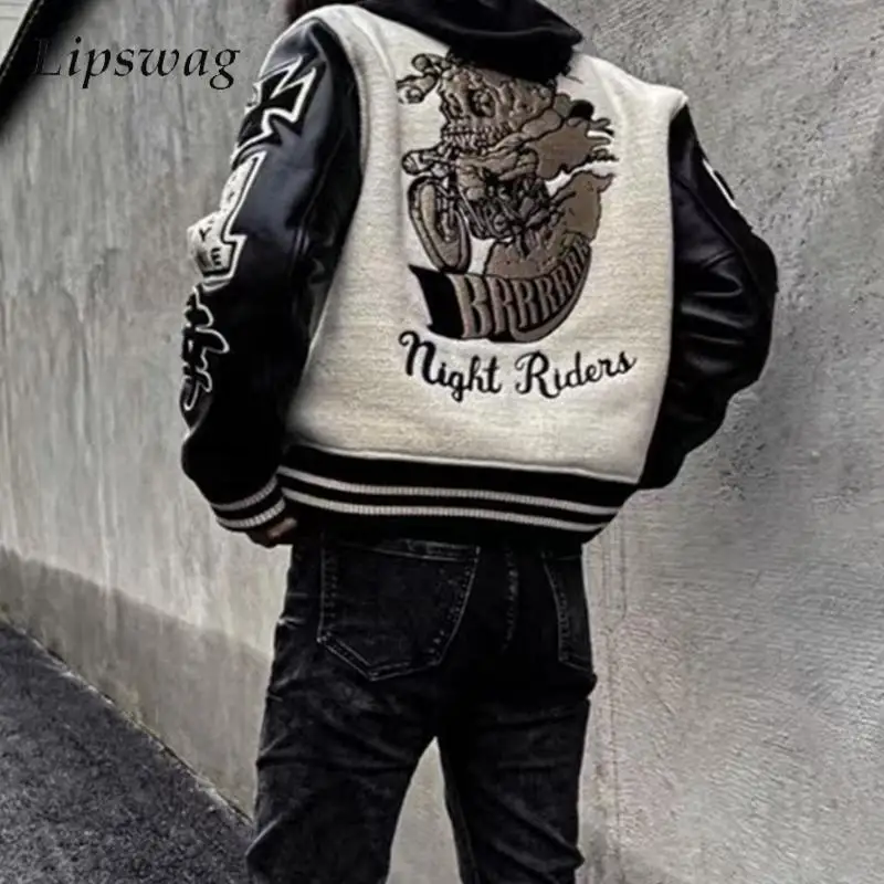 

Винтажная мужская куртка из искусственной кожи с лоскутным дизайном, весенняя повседневная куртка на пуговицах, мужские куртки Y2K с вышивкой в виде черепов