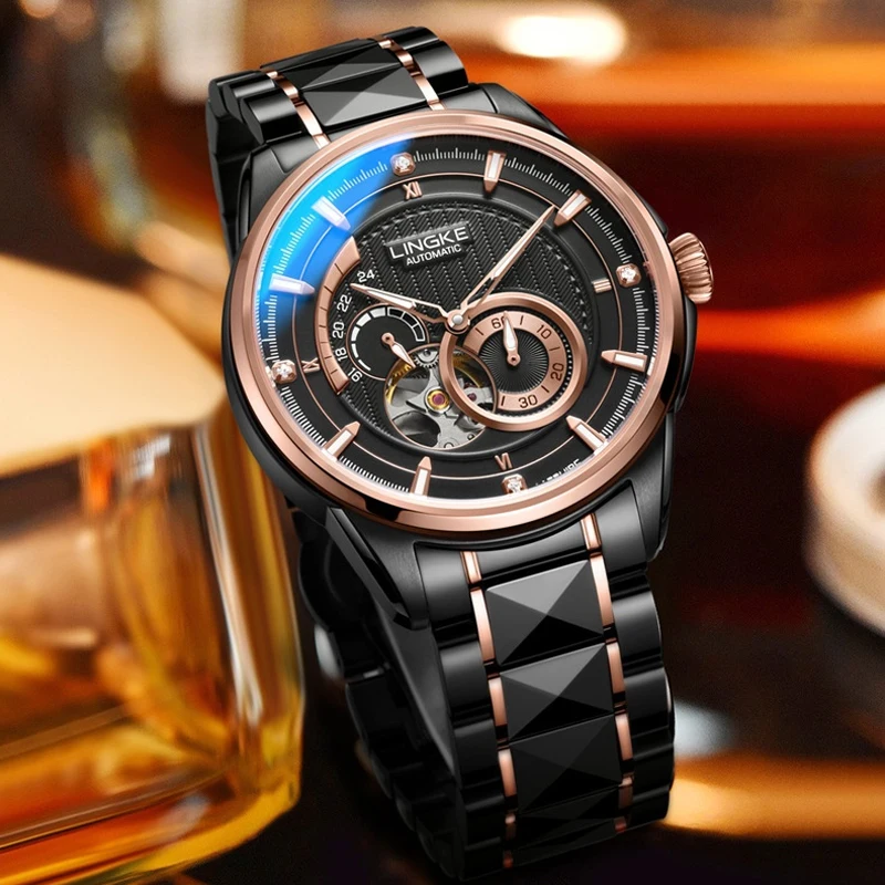 LINGKE nuevo reloj mecánico Tourbillon de lujo de alta gama para hombres relojes de esqueleto automáticos impermeables de acero inoxidable para hombres