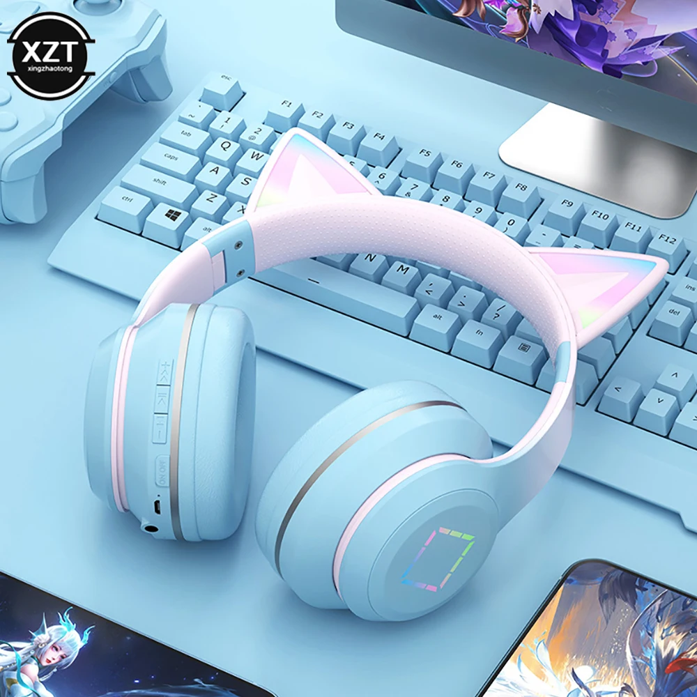 NEWEST LED Flash Light Cute Cat Ears Wireless Headphone with Mic Kid Girl Stereo Music Foldable Helmet Bluetooth Headset Gift