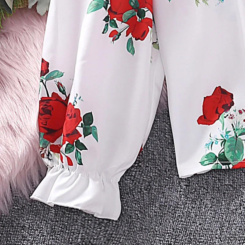 Kids Casual Clothing Sets Outfits for Girls 2024 Spring Autumn New Fashion Children Red Rose Floral Print Tops Long Pant 7-14Y