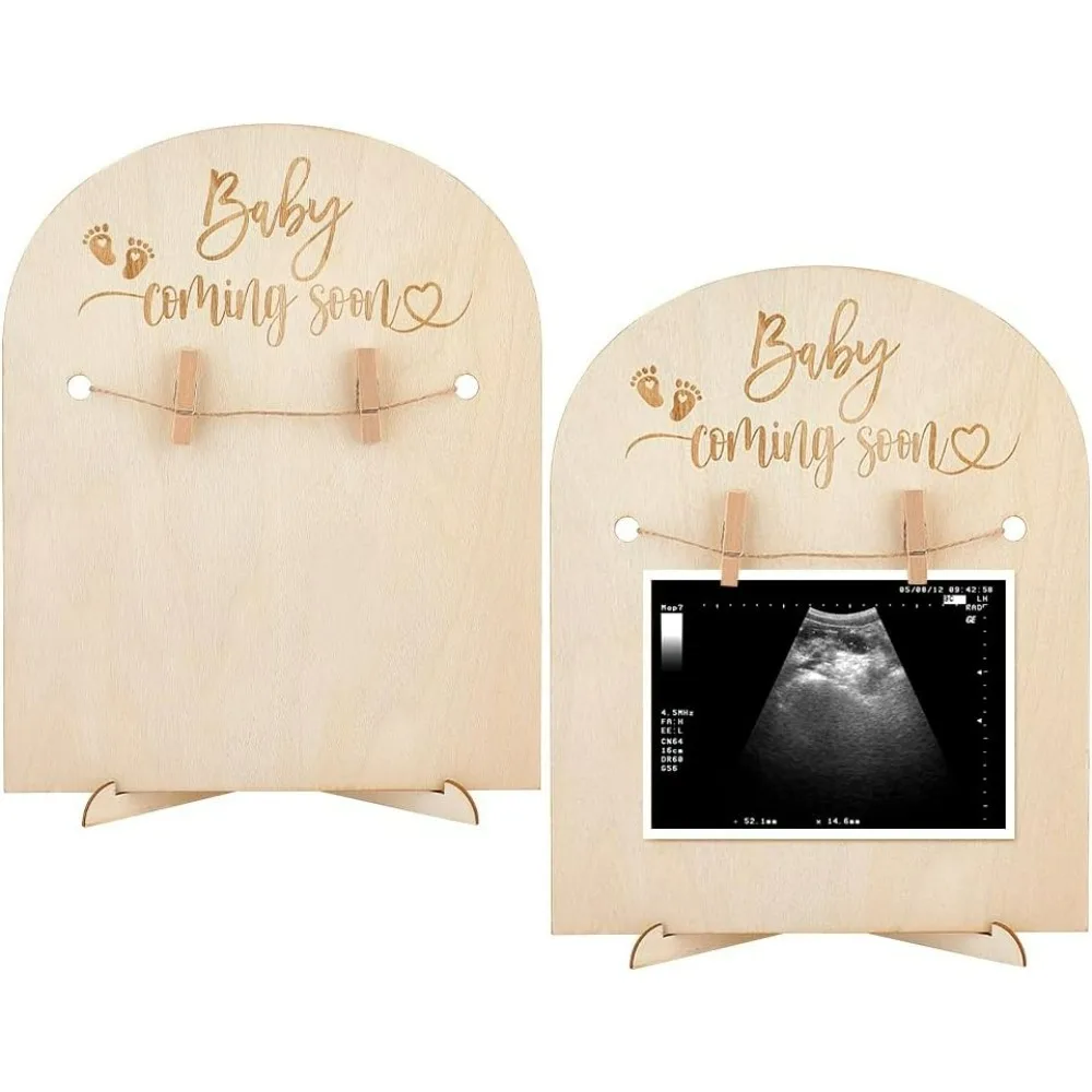 2Pcs 9.8x7.9inch Wooden Ultrasound Frame Stand Light Yellow Baby Coming Soon Arch Pregnancy Sonogram Photo Frame With Clips