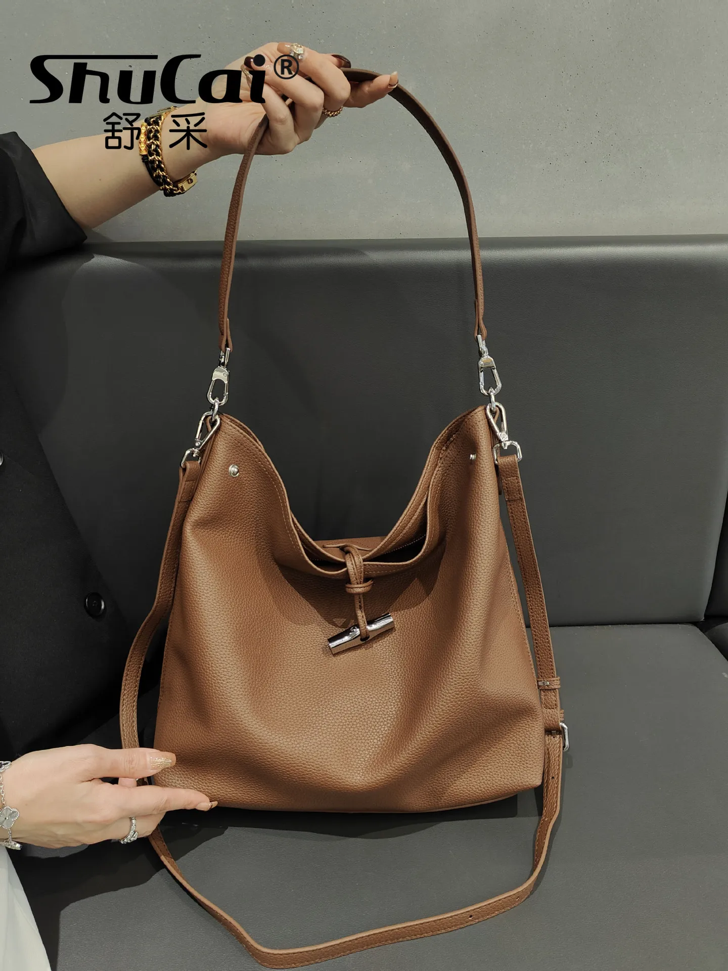 Genuine Grade Cow Leather Women's Korean Fashion Bucket Bag Ladies Soft Cowhide Underarm Bag Shoulder Crossbody Bags Female Tote