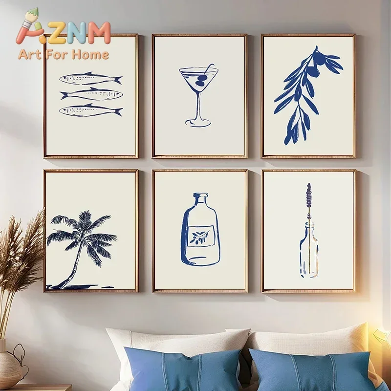 Multiple sizes 1pc frameless Large size Canvas Painting,Cartoon Simple Blue Lines Seaside Coconut Shell Wine Bottle Fish Flowers