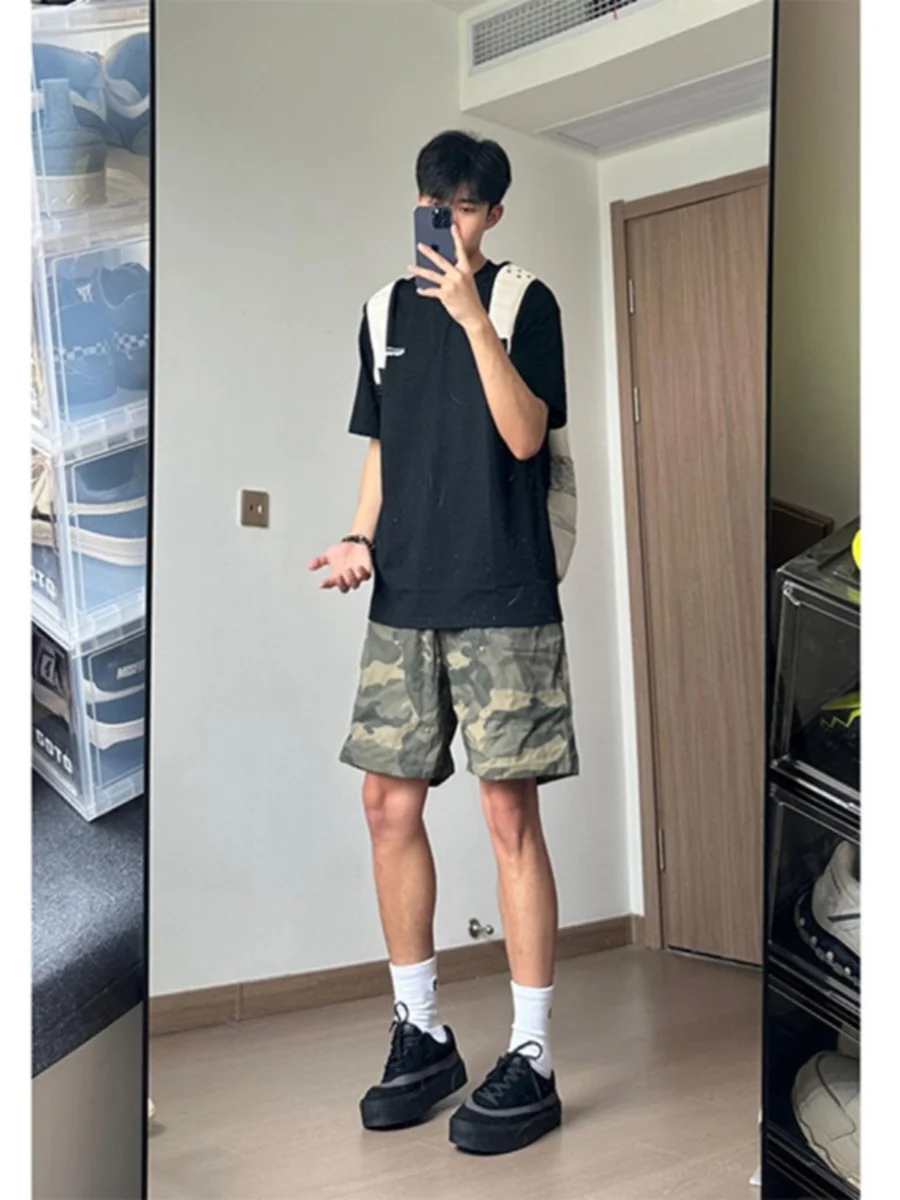 

Американские камуфляжные орты в стиле ретро, мужские летние нейлоновые рабочие брюки Qui Dry Logging, футболка длиной до колена, модные орты длиной четверти