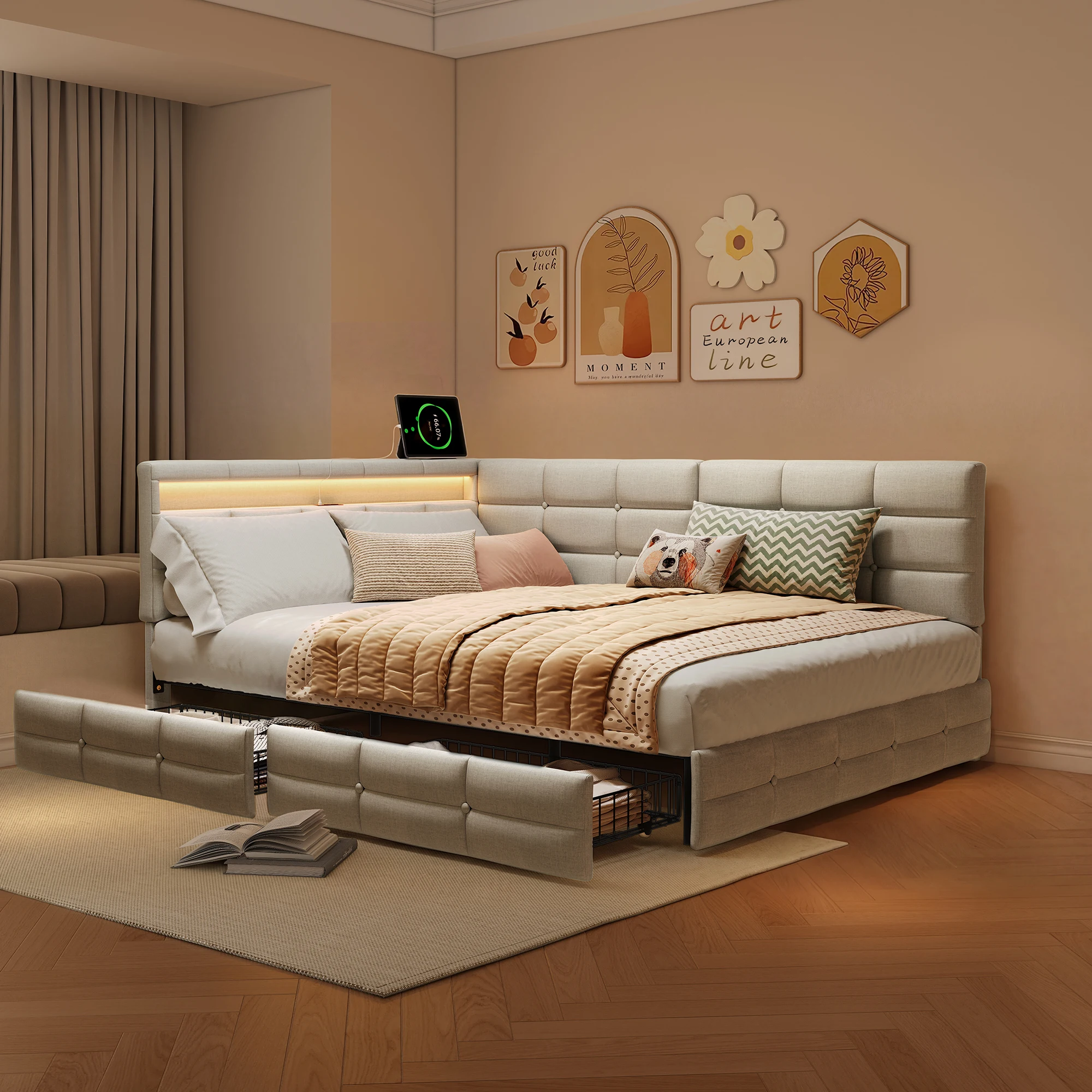 Fangange tweepersoonsbed, 140x190/200cm, L-vormig gestoffeerd bedframe met USB & LED-verlichting & 2 lades, linnenstof, zonder matras