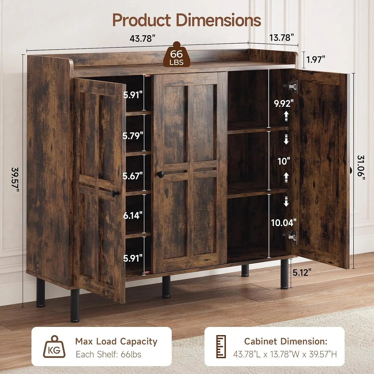 Shoe Cabinet with 3 Doors, Shoe Rack for Entryway, Rustic Brown
