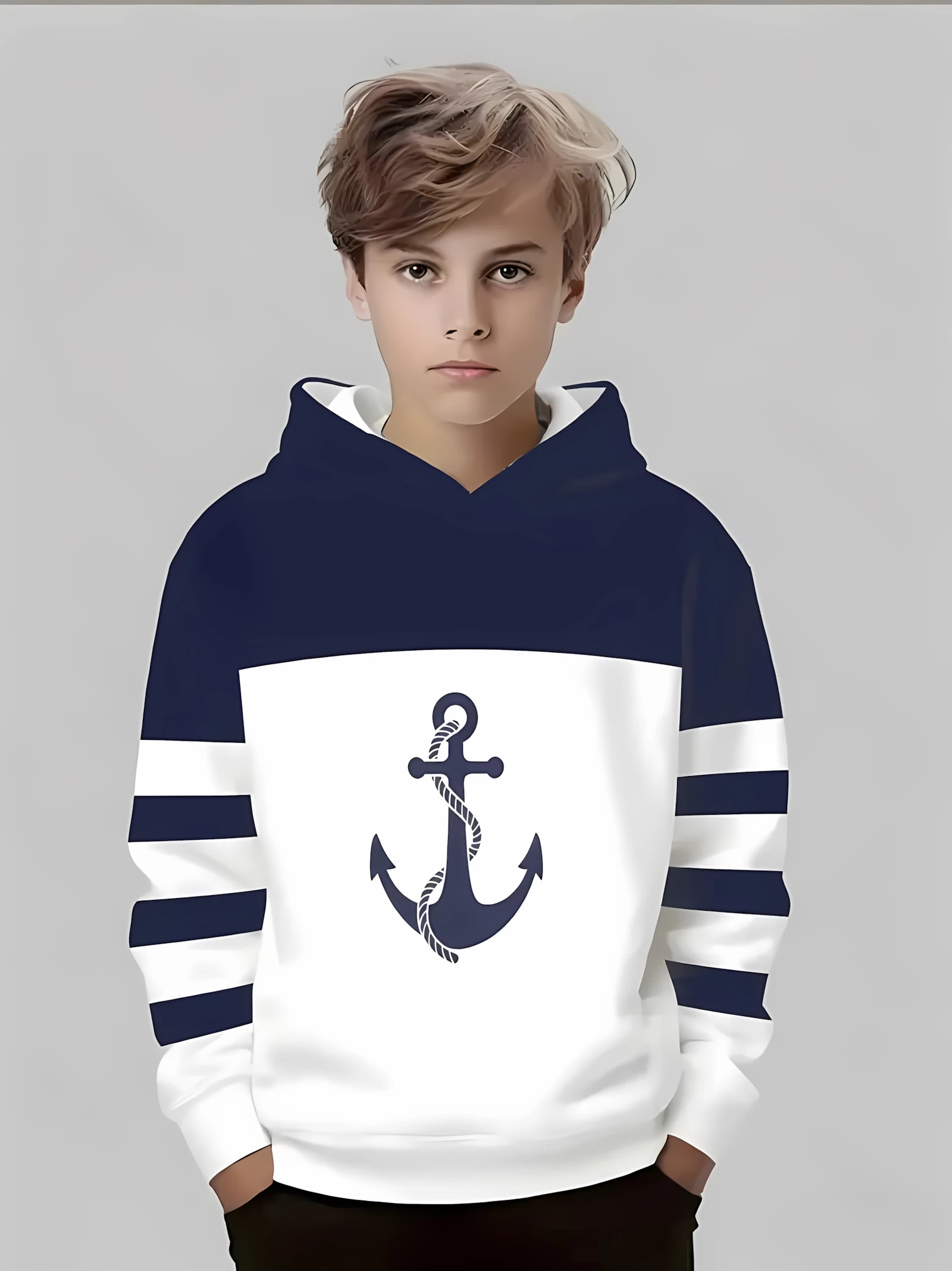 

The 2025 autumn new children's casual hoodie with 3D nautical anchor print is a fashionable and comfortable outdoor pullover