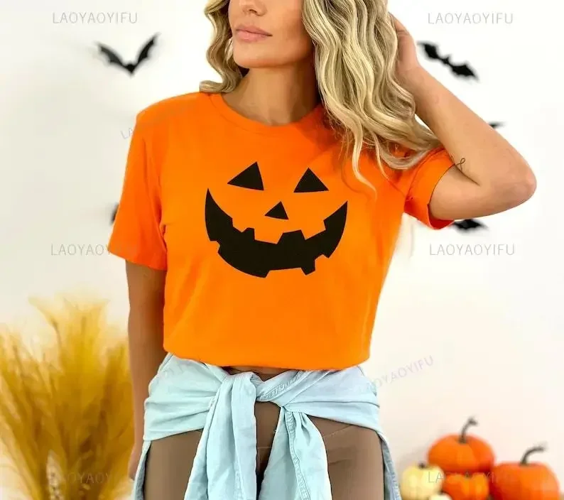 Halloween Creative Novelty Pumpkin Face Graphic T Shirts Halloween Party Costume Woman Man Orange Cotton T-Shirt Ropa Hombre