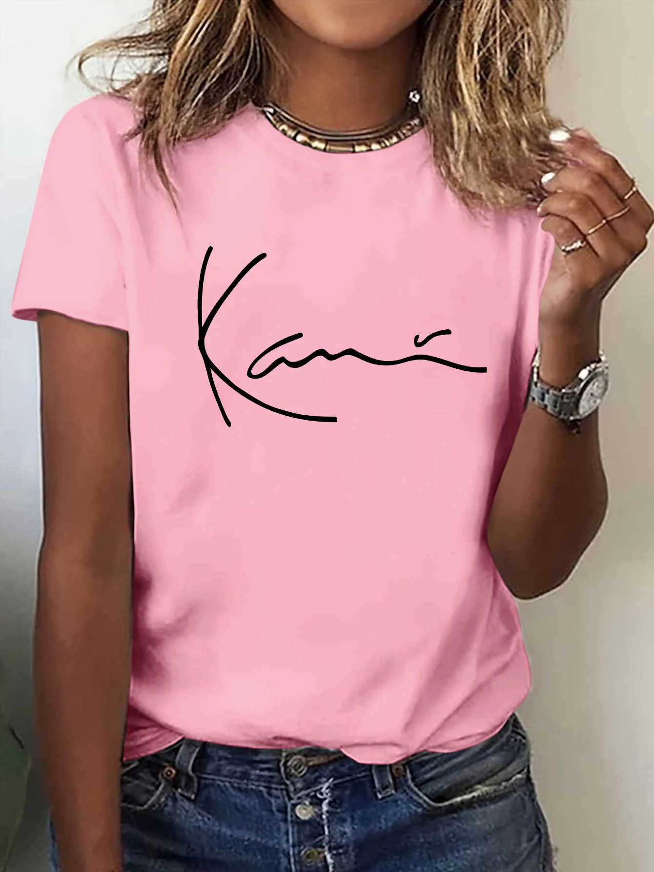 

Women's Harajuku Short Sleeve Casual Womens Casual Short Sleeve with Artistic Cursive Letter Print Stretch Round Neck Tee Casual