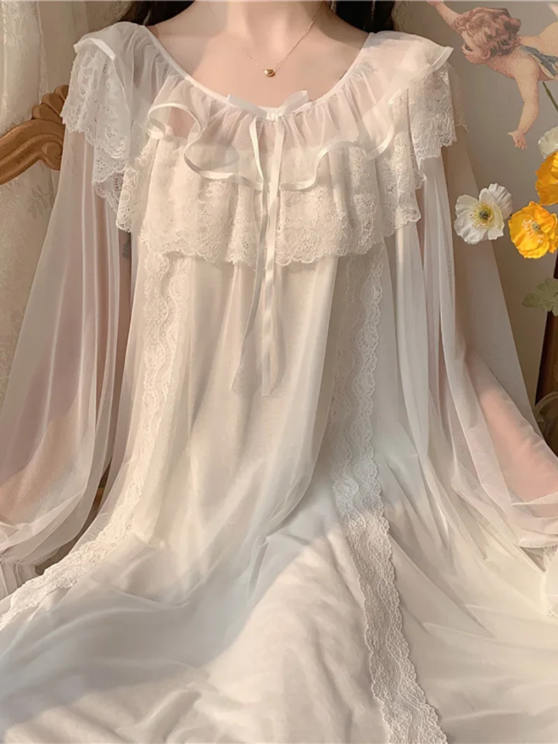 Chemise de nuit vintage à volants pour femmes, vêtements de nuit princesse Lolita, dentelle blanche, maille dégradée, robe de nuit victorienne,