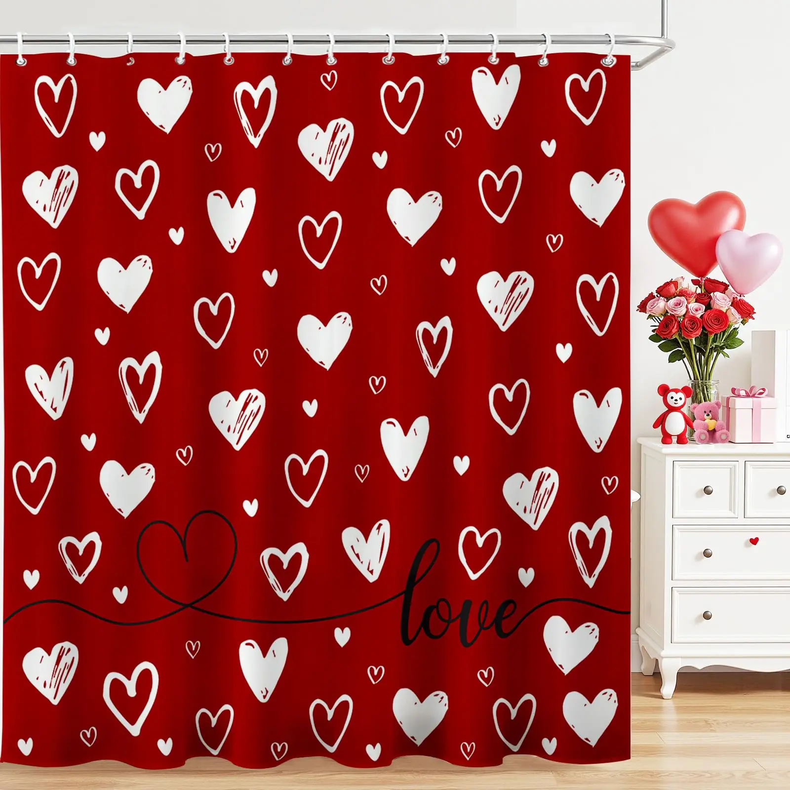Cute Valentine\'s Day Shower Curtain Funny Abstract Modern Hearts Bathroom Curtain Romantic Waterproof Polyester Shower Curtain