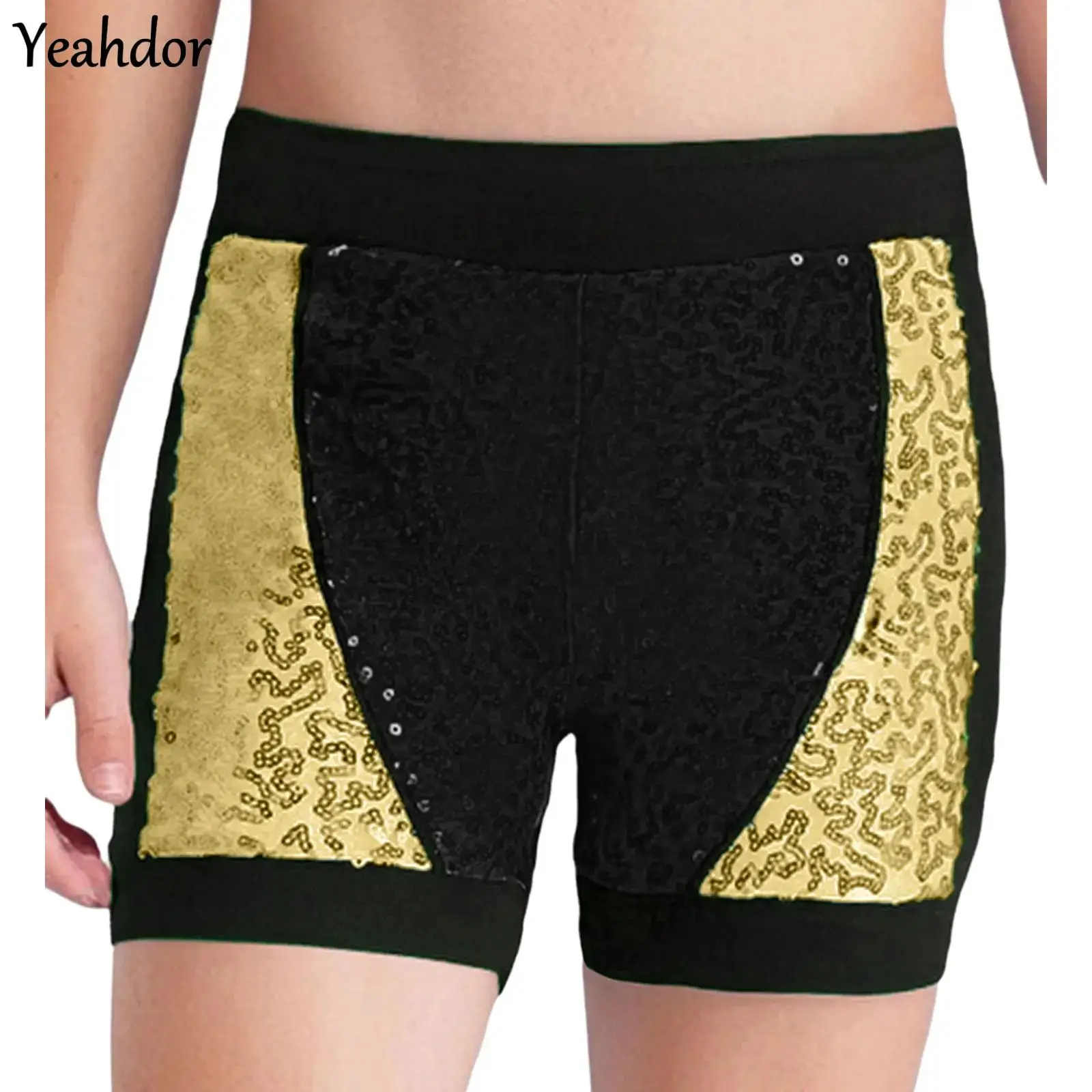 

Teen Girls Jazz Dance Outfit Color Block Patchwork Sparkly Sequin Tank Top Vest with Shorts Set Cheerleading Costume Streetwear