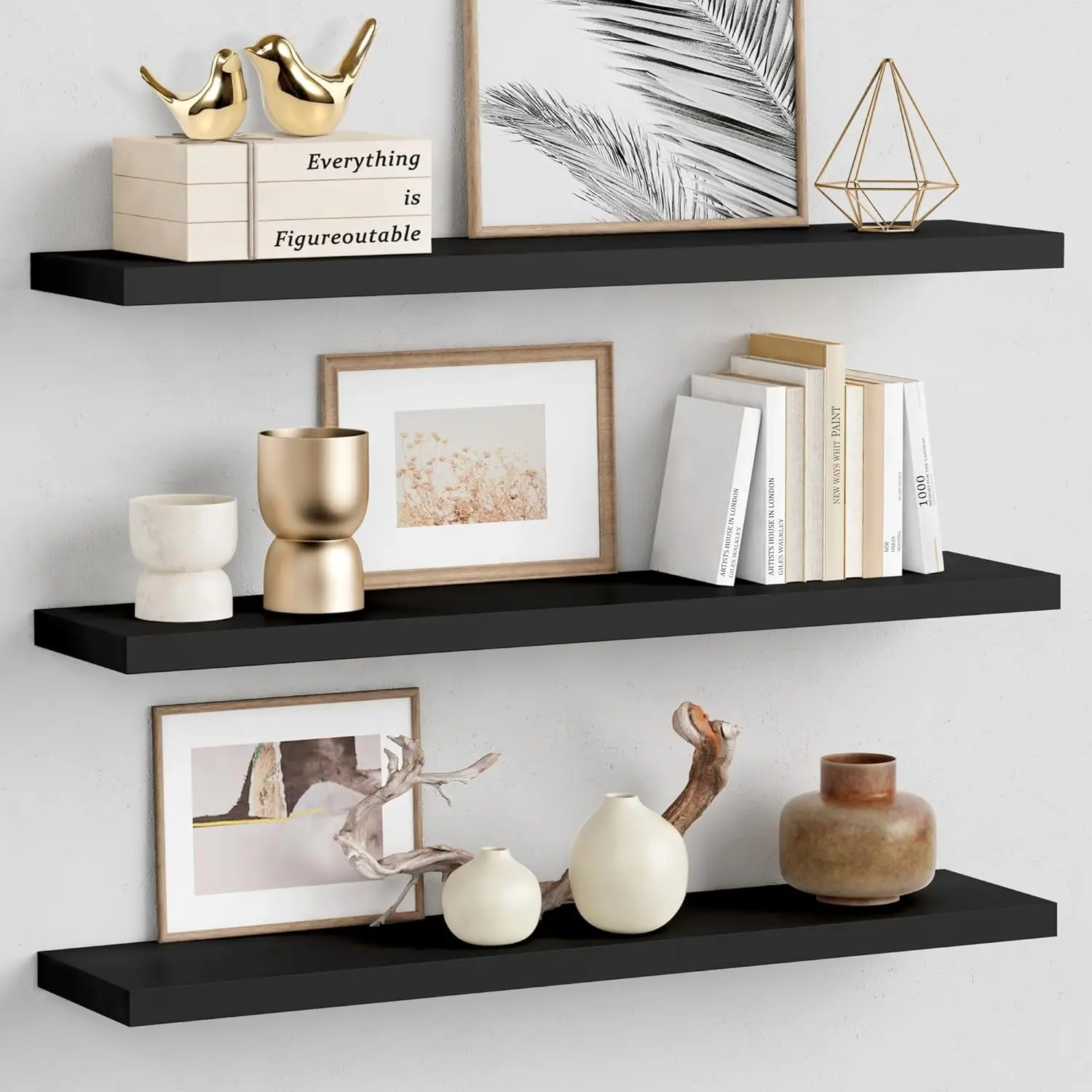 

Large Floating Shelves 36 Inch Long 8 Inch Deep, Black Wall Shelves Set of 3 for Kitchen Bedroom Living Room Office, Heavy Duty Wooden Shelf