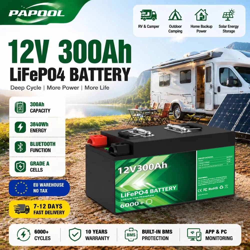 LiFePO4 12V 300Ah 3,84kWh Batteriepack mit integriertem 4S 200A Bluetooth BMS, 6000+ Zyklen, Grade-A-Zellen, 6000 Zyklen, 12,8V 100Ah 140Ah 200Ah Lithium-Batterie für Heim-Solarenergie, Wohnmobile,