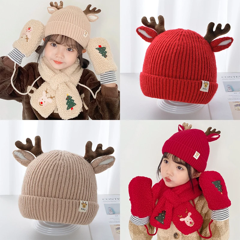 

Детская рождественская шапка с милыми ушками лося, детские шапочки с мультяшными рогами, вязаный крючком чепчик для малышей, От 1 до 4 лет, детская зимняя теплая шерстяная вязаная шапка