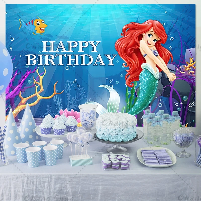 Disney Mermaid Ariel Princess Backdrop for Baby Girls First Birthday Party Decor Supplies Baby Shower Photography Background