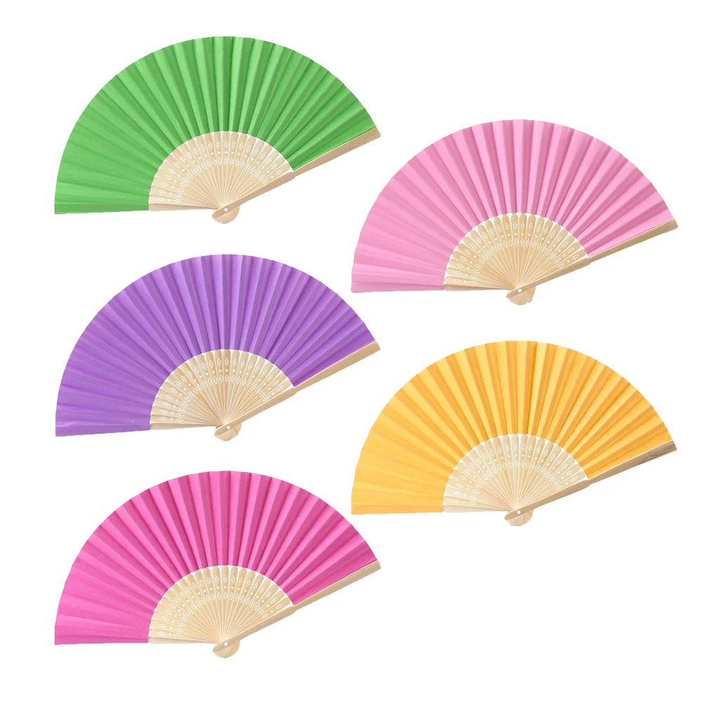 5pcs Handmade Paper Folding Fans Bamboo Hand Held Fan Gift Party Favors DIY Decor for Kids (Green, Purple, Pink, Rosy, Yellow)