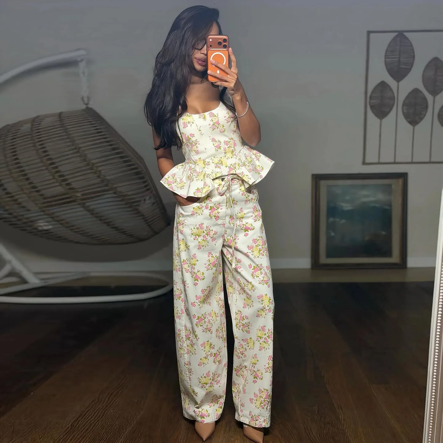 

Elegant Floral Print Set Women Square Neck Sleeveless Ruffle Top Lace Up Floor Length Wide Leg Pants Sets Lady Casual Outfits