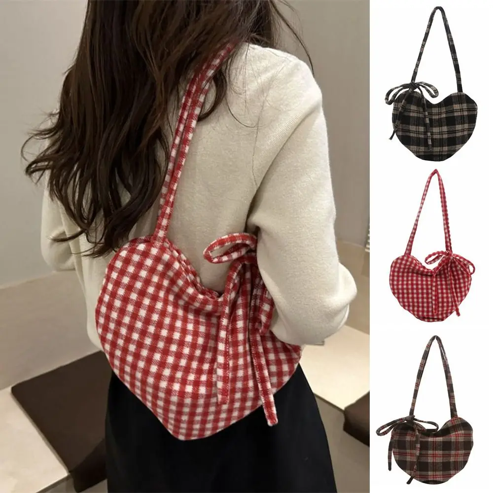 Fashion Cloth Heart Shoulder Bag Grid Printed Red Plaid Tote Bag Large Capacity Lightweight Women's Handbag Vacation