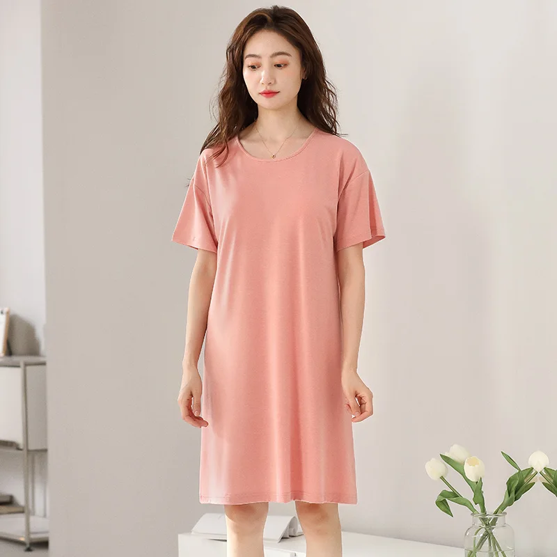 

Summer women modal nightshirt sweet lady nightgowns short sleeve solid nightdress with chest pad