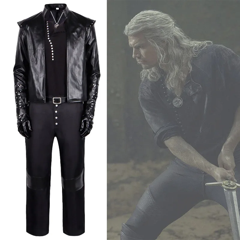 

Movie Geralt Cosplay Costume Black Outfits Geralt Outfit Rock Style Suit Adult Men Halloween Clothes Christmas Role Play Uniform